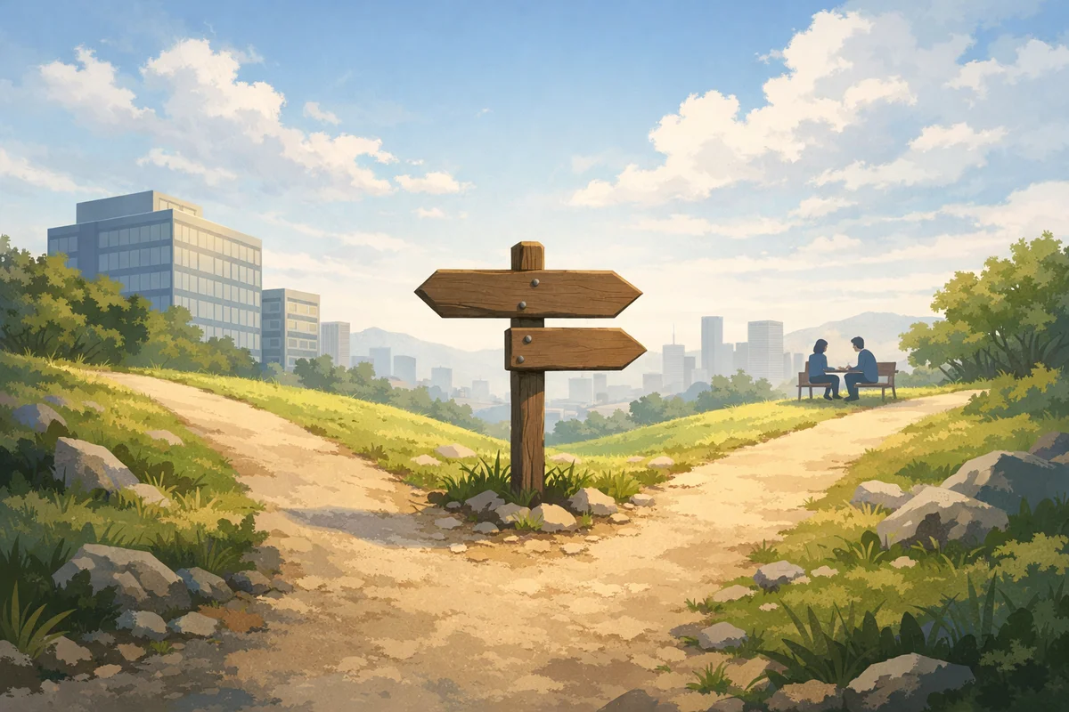 丘の分かれ道に立つ木の案内柱を中心に、奥へ街並みと小さな人物が続く広がりのある風景