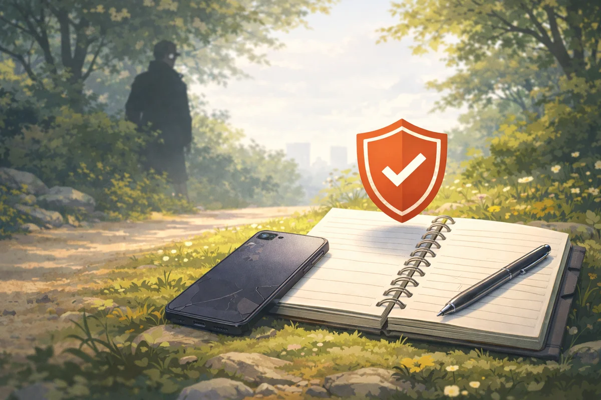 手前のノートとスマホを中心に、奥の小道へ人影がにじむ、距離感のある静かな屋外風景