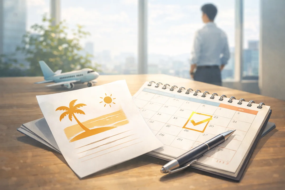 手前の卓上に開いたカレンダーと書類が置かれ、窓辺の人物へ視線が抜ける明るい室内風景