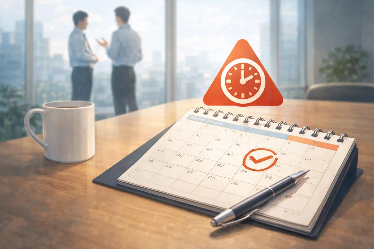 手前の卓上カレンダーを中心に、奥の窓辺へ二人の人物がぼけて続く、距離感のある明るい会議室風景