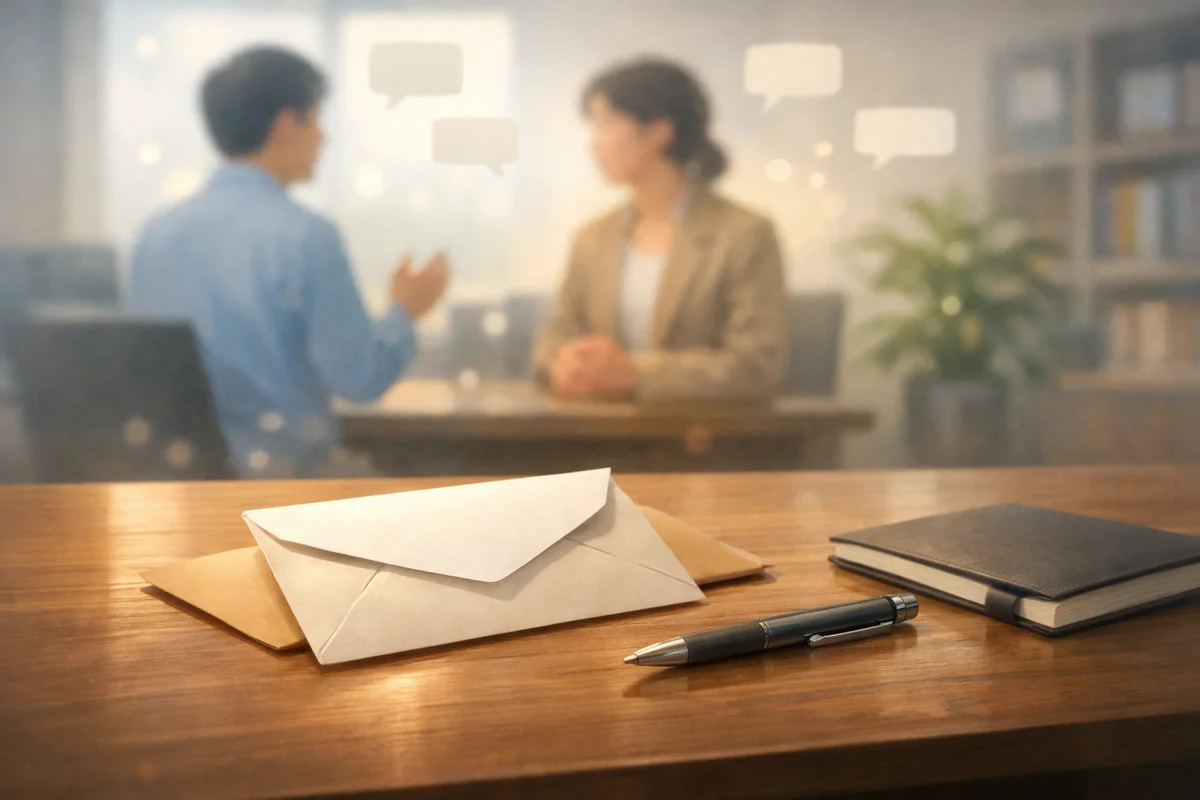 机上の封筒とペンを手前に、奥へ面談風景がやわらかくぼけて続く静かなオフィス空間の一枚