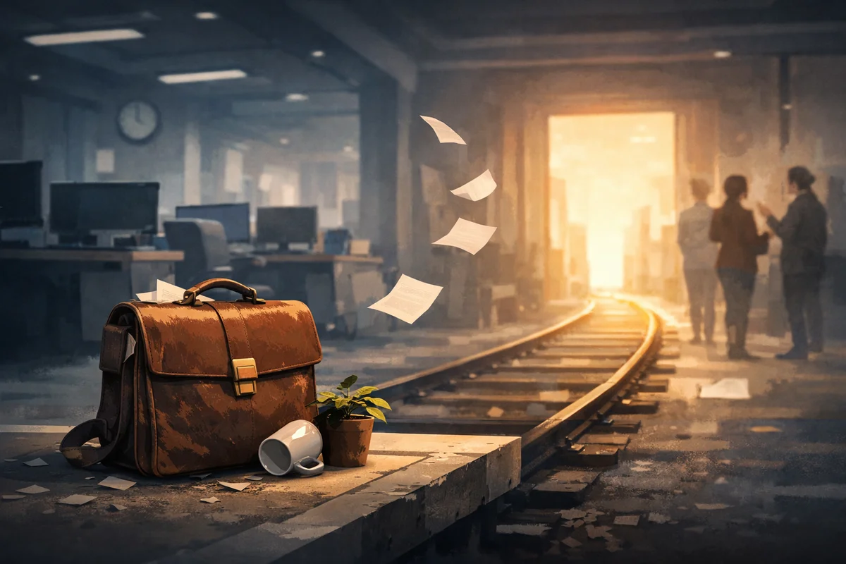 手前に革のかばんと鉢植えが置かれ、奥へ伸びる通路の先に明るい出口が見えるオフィス風空間