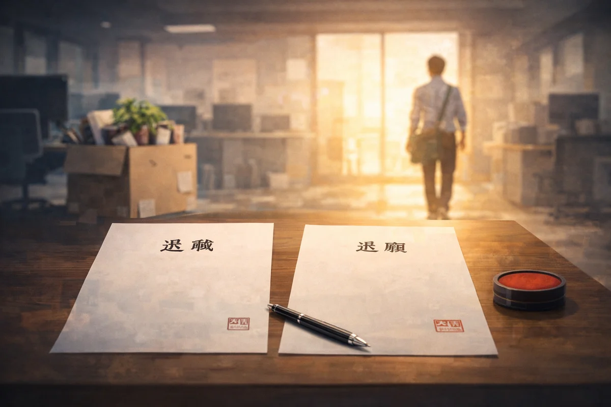 机上に二枚の書類とペンが置かれ、段ボールのある職場の奥へ人物が歩く明るい空間が広がる