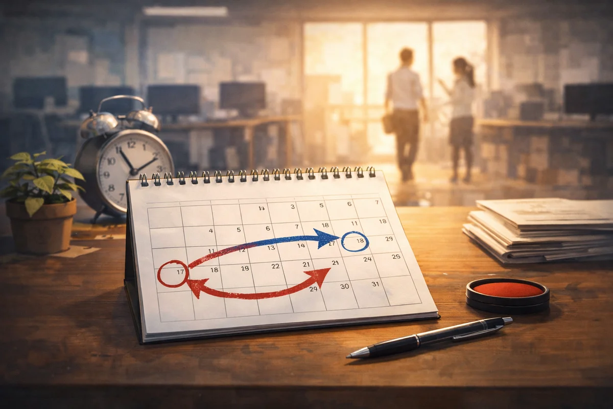 手前に卓上カレンダーと時計が置かれ、明るい職場の奥に人物が立つ遠近感のある空間