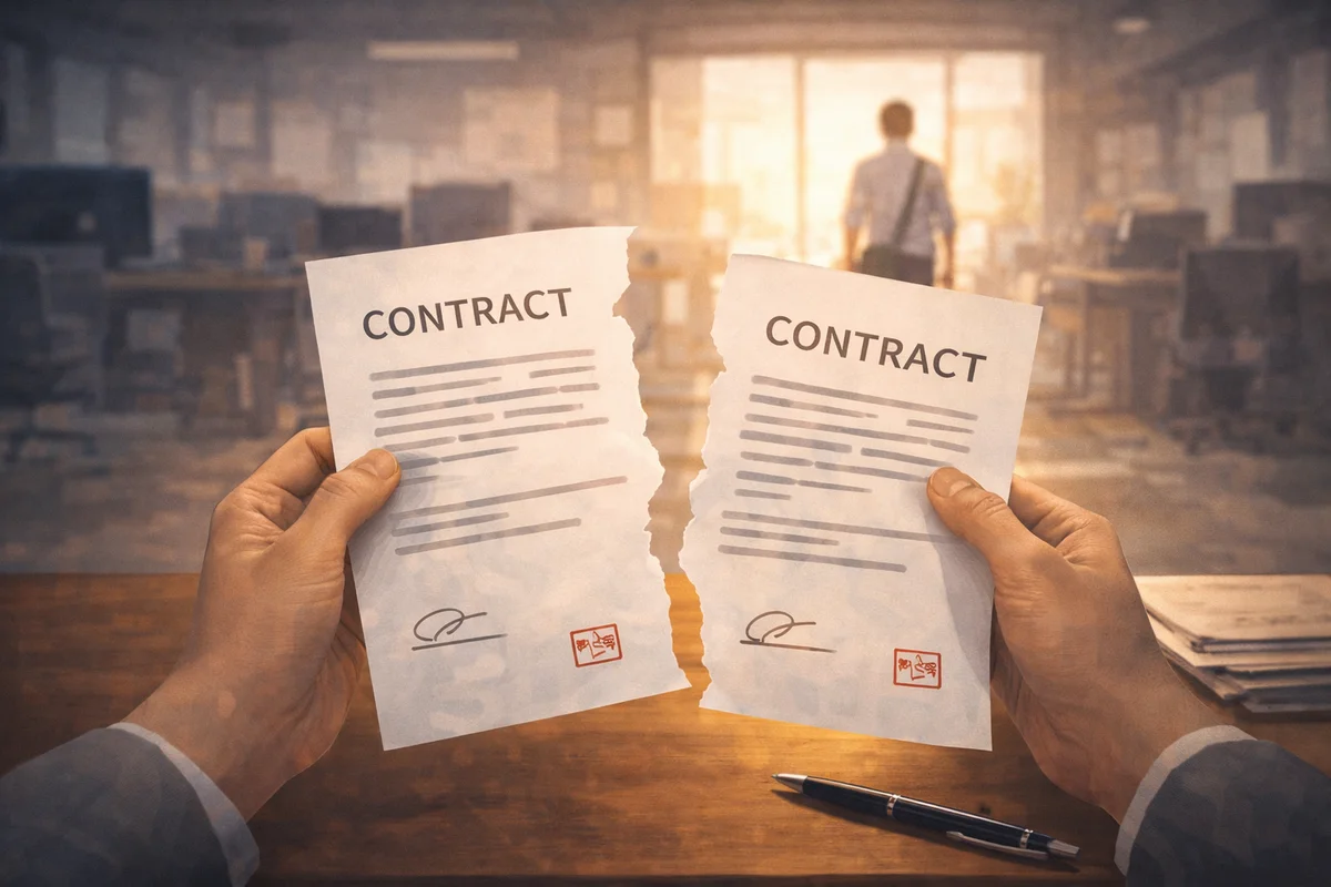 手前で裂けた契約書を持つ両手が大きく映り、明るい職場の奥へ人物が遠ざかる空間