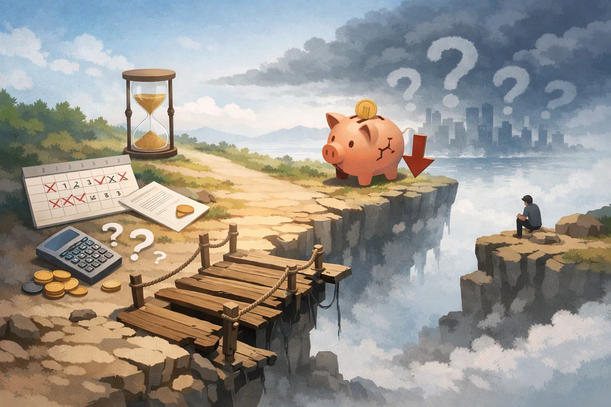 崖際に置かれたひび割れた貯金箱と壊れた橋、その先に小さな人物が見える奥行きのある風景