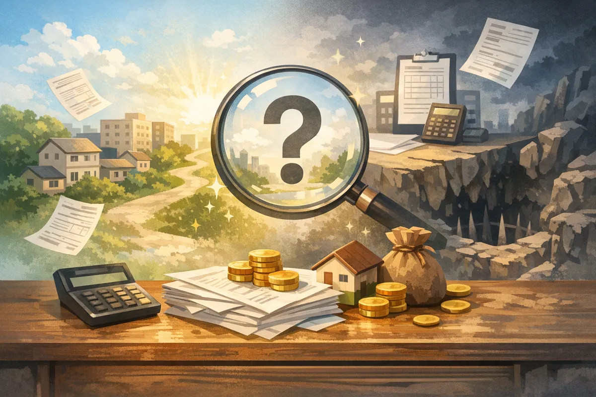 書類と硬貨が置かれた机の奥に拡大鏡が浮かび、住宅街から崖際へ続く奥行きのある風景