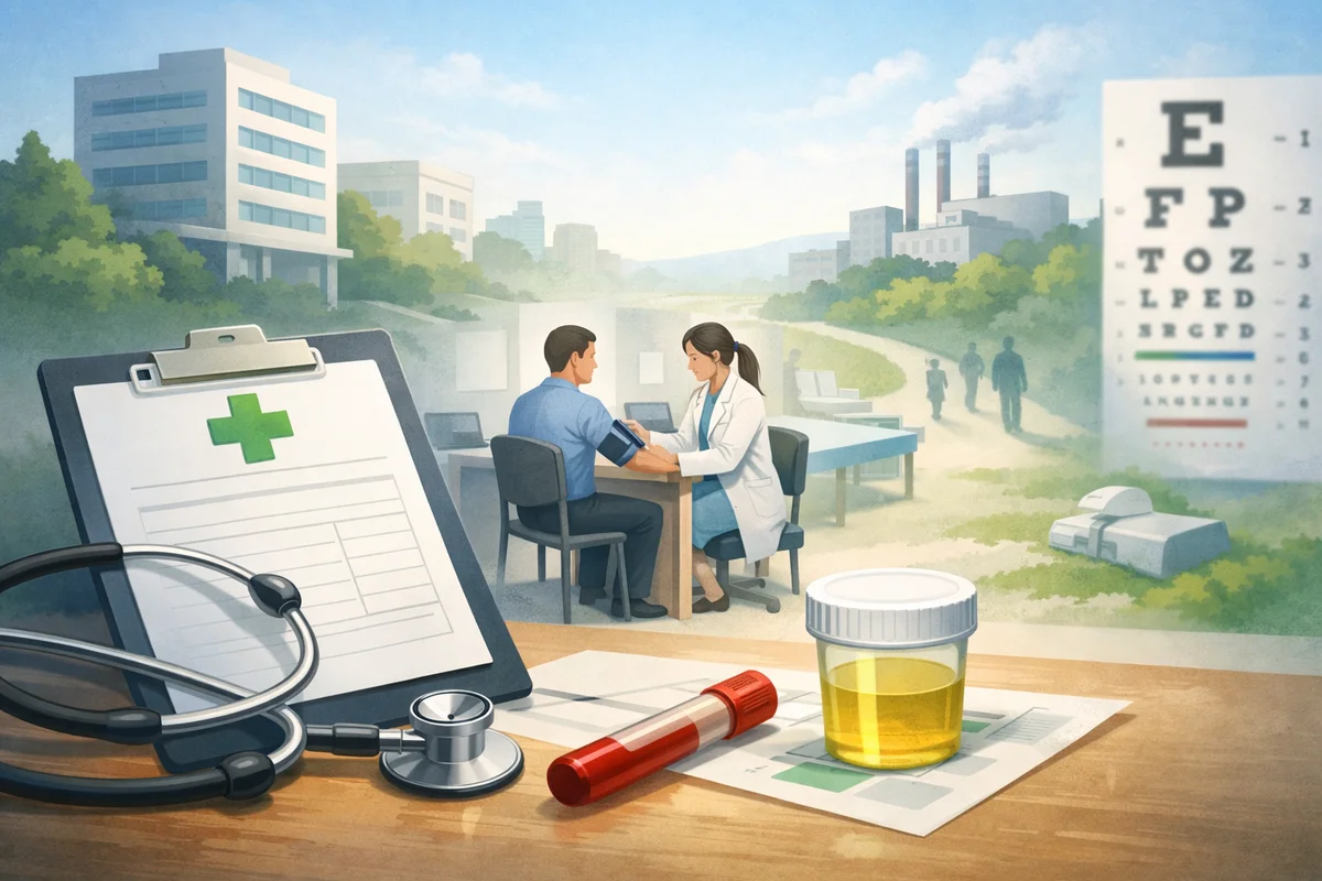 問診票と検査器具が手前に置かれ、奥の診察席と通路が続く健診会場の広がりある風景