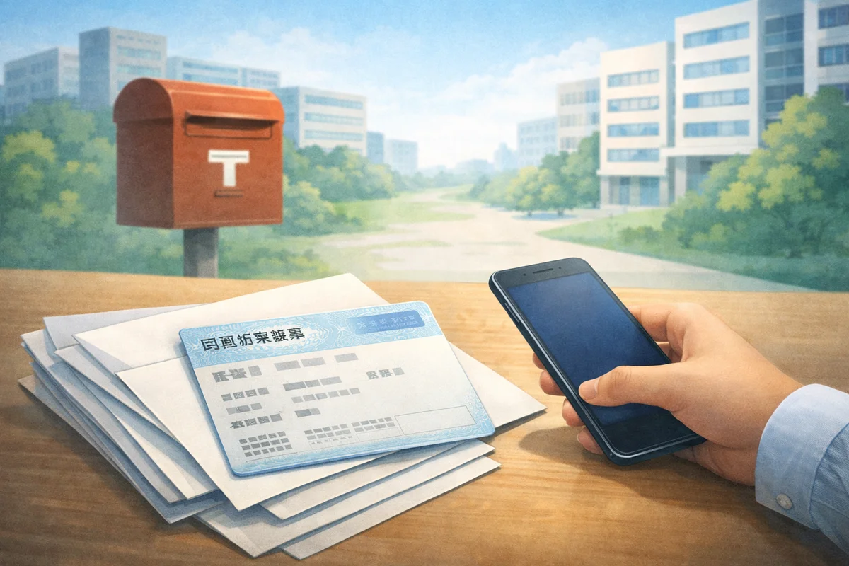 封筒の上に置かれた保険証と手元のスマホの先に、社屋へ続く道が奥へ伸びる静かな風景