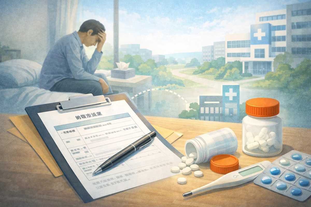 申請書類と薬が置かれた机の奥に、体調を崩した人物と医療施設へ続く道が重なる風景