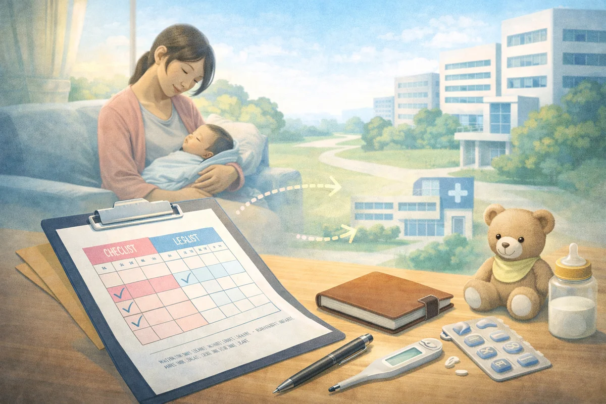 赤ちゃんを抱く母親の手前に書類と育児用品が置かれ、窓の先に職場の建物へ続く奥行きある風景