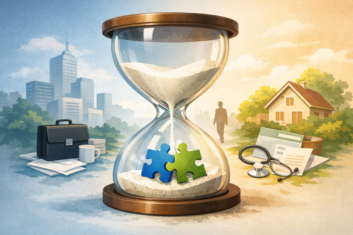 砂時計を中心に、手前の書類から奥の家並みへ静かに続く保険切替の流れを描いたイラスト