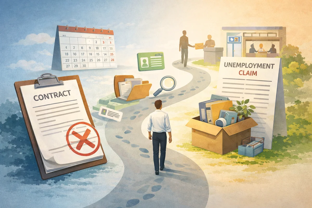 書類や箱を手前に、奥の窓口へ続く道が伸びる静かな失業給付手続きのイラスト