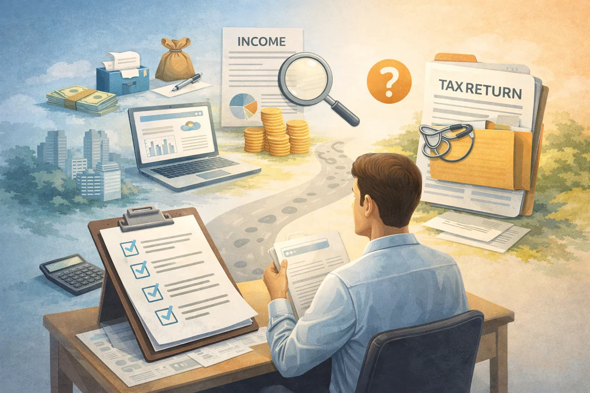 書類を手にした人物の前に確認用の紙や資料が広がり、判断の流れを静かに示すイラスト