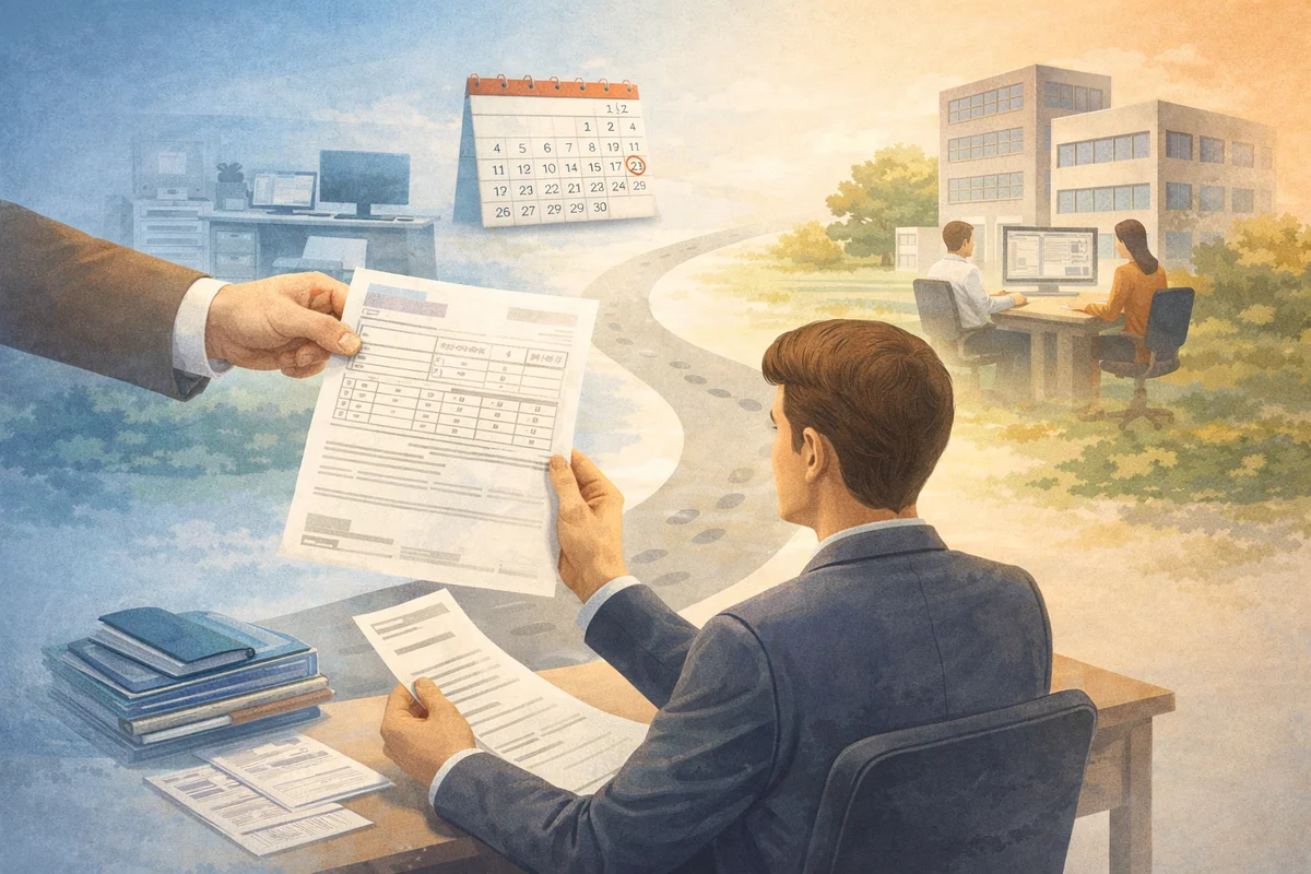 手前の書類から奥の職場へ続く道の中で、受け取りの流れを静かに示したイラスト