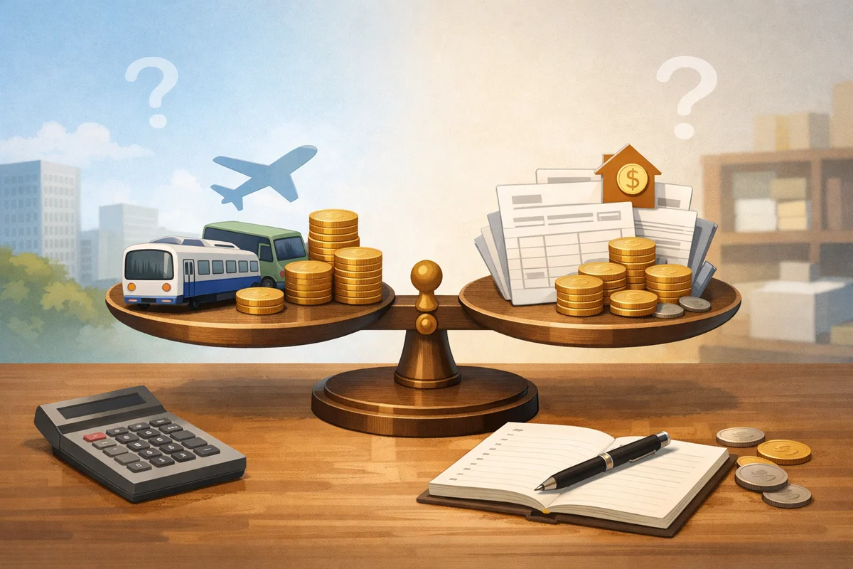 交通手段と書類や硬貨を載せた天秤が机上に置かれ、奥に街並みと室内が静かに広がるイラスト