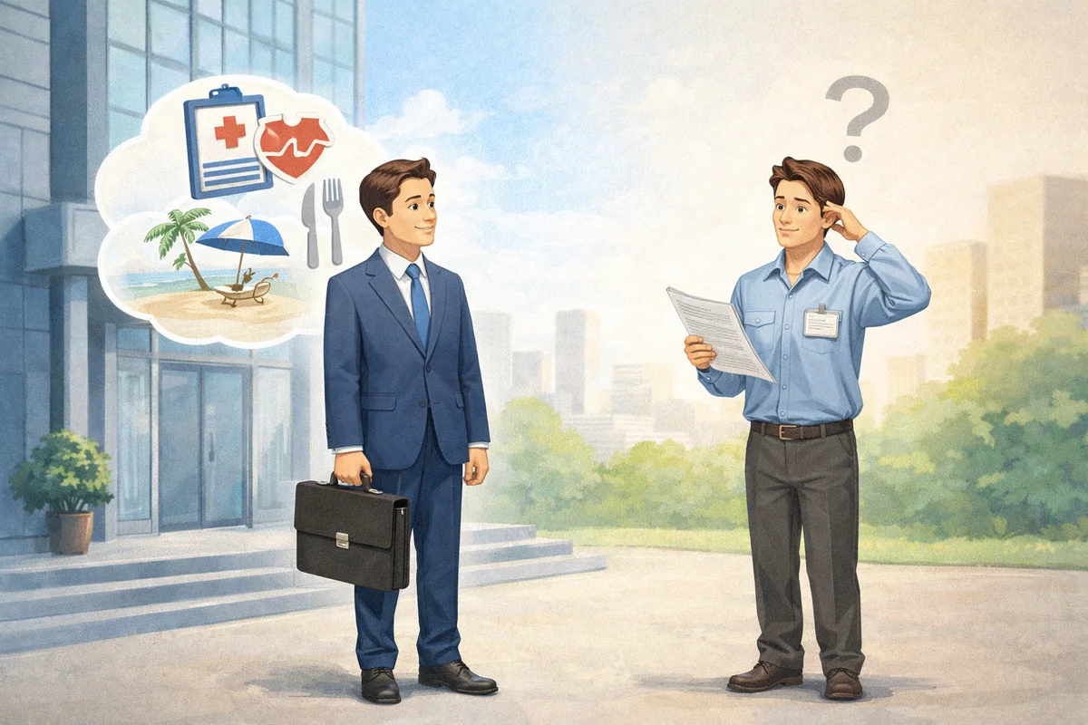 会社前の広い空間で書類を持つ人物の奥に、福利厚生を連想させる柔らかな象徴が浮かぶイラスト