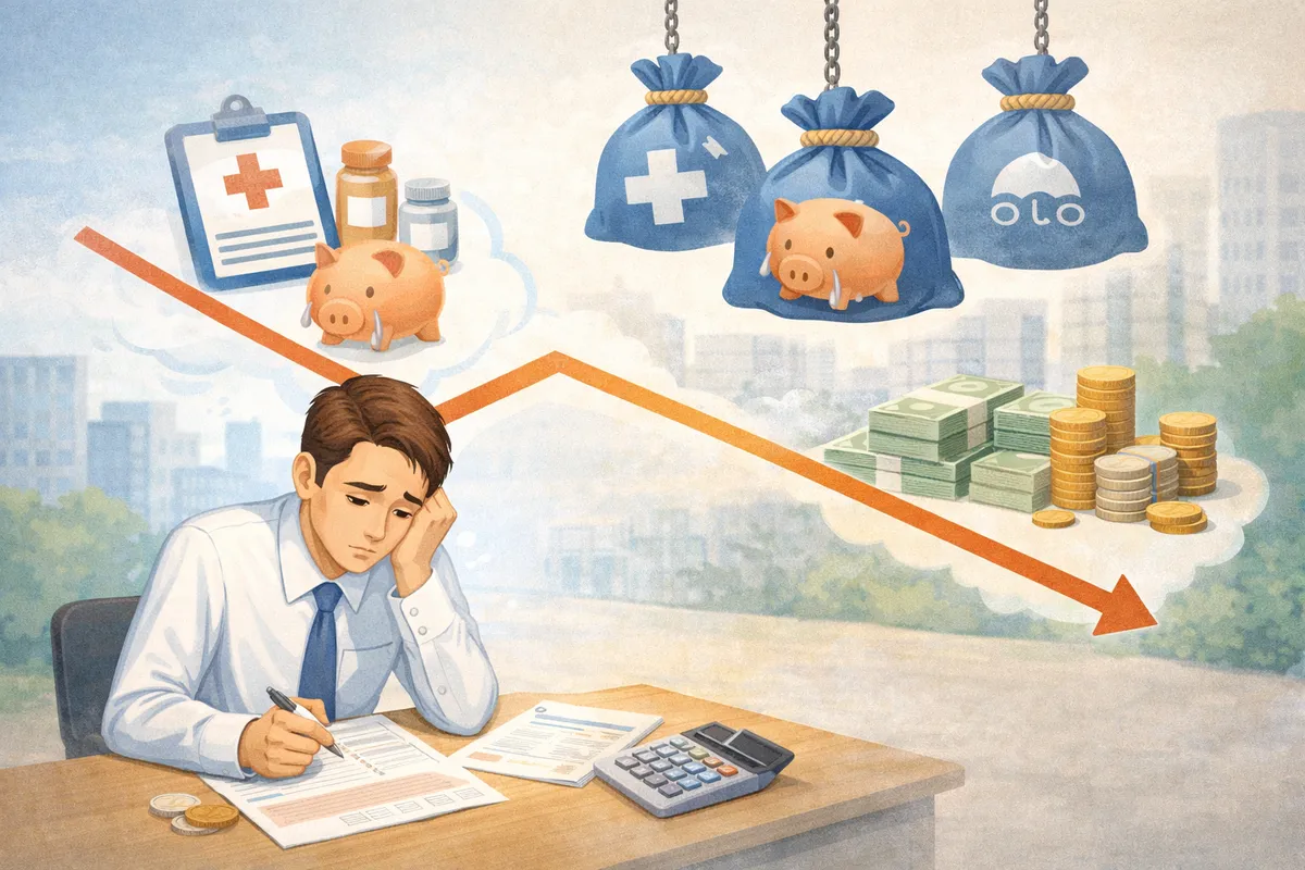 机で書類と電卓に向かう人物の上に象徴物が浮かび、奥に静かな街並みが淡く広がるイラスト