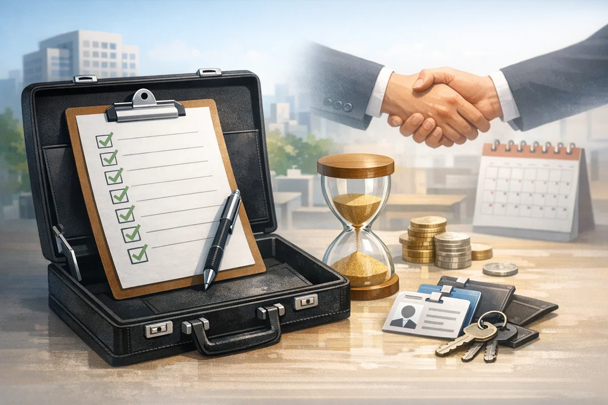 契約書類の束とチェック用クリップボードが机に置かれ、奥に受付カウンターが静かにぼける