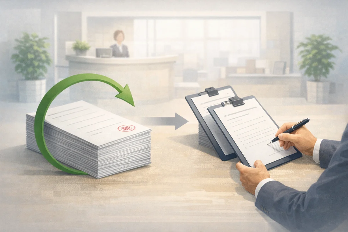 書類の束が机に置かれ、奥の受付がぼける中で手元のクリップボードに署名する場面