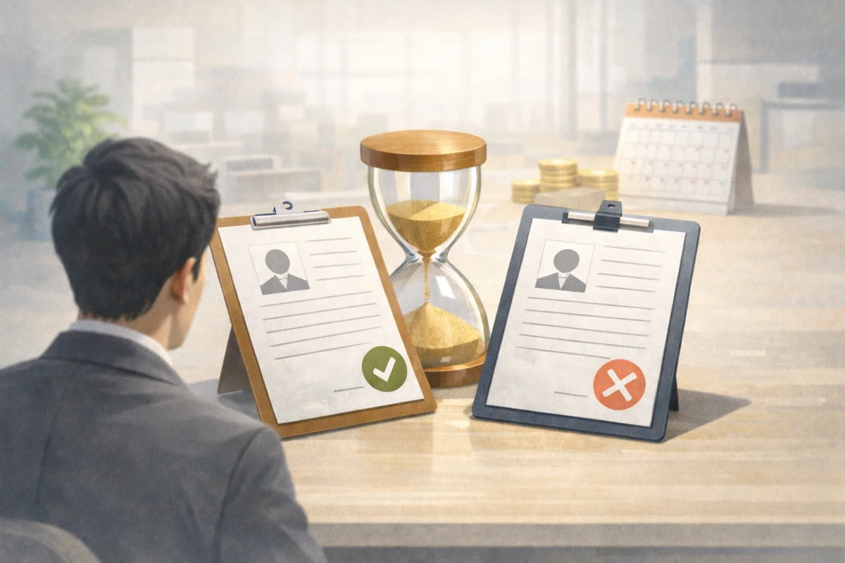 机上の砂時計を挟んで二つの書類ボードが並び、奥に柔らかなオフィス空間がぼけて広がる