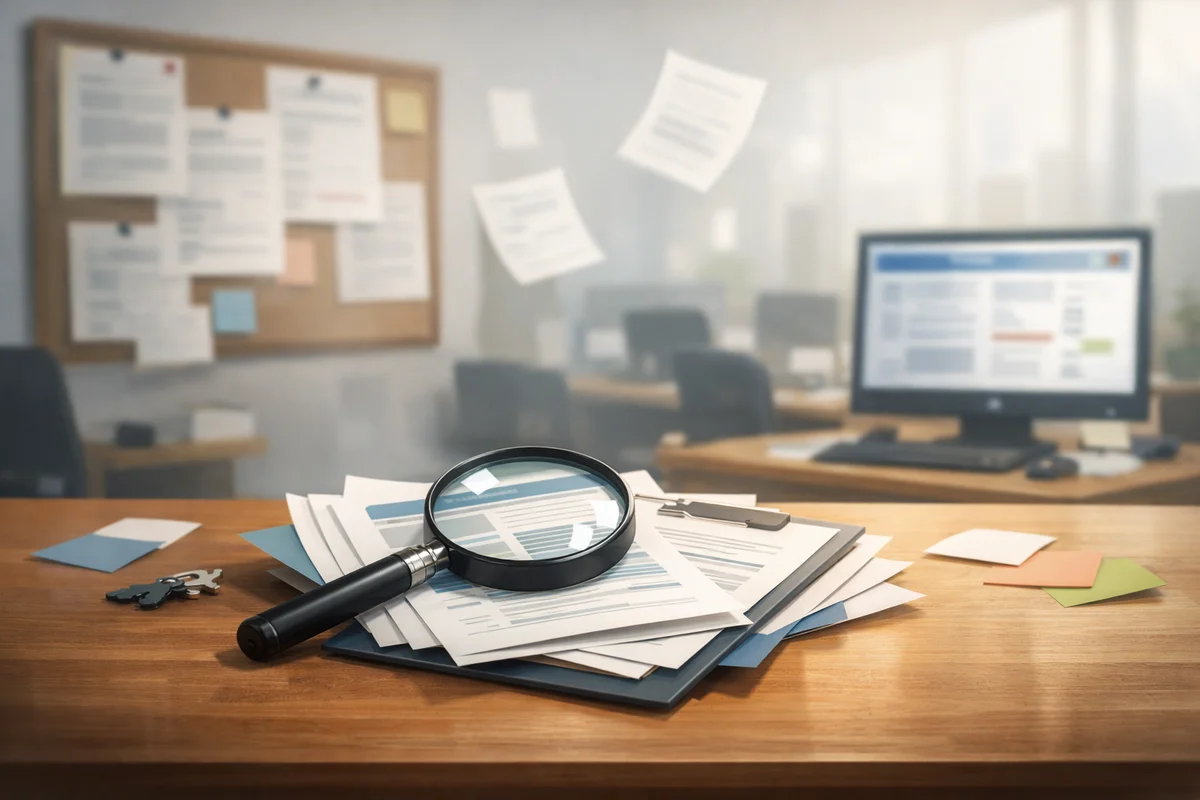 机上の書類束を拡大鏡が照らし、奥のオフィス空間へ視線が抜ける静かな構図