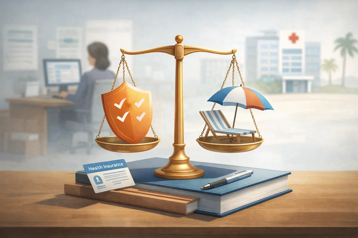 本の上の天秤が盾と休暇小物を静かに支え、奥に職場と医療の気配がぼんやり広がる