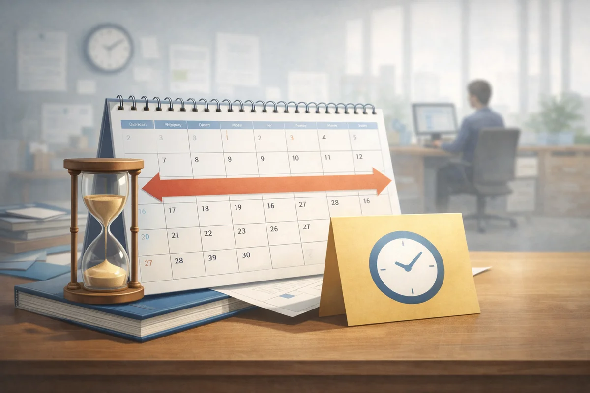 卓上カレンダーを一本の矢印が横切り、手前の砂時計から奥のデスクへ時間の流れが続く構図