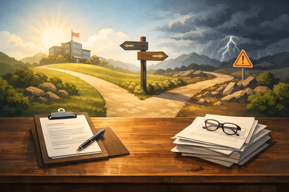 雇用条件を示す書類が並ぶ静かな机上と、奥へ続く書架で情報の優先を奥行きで感じるイラスト