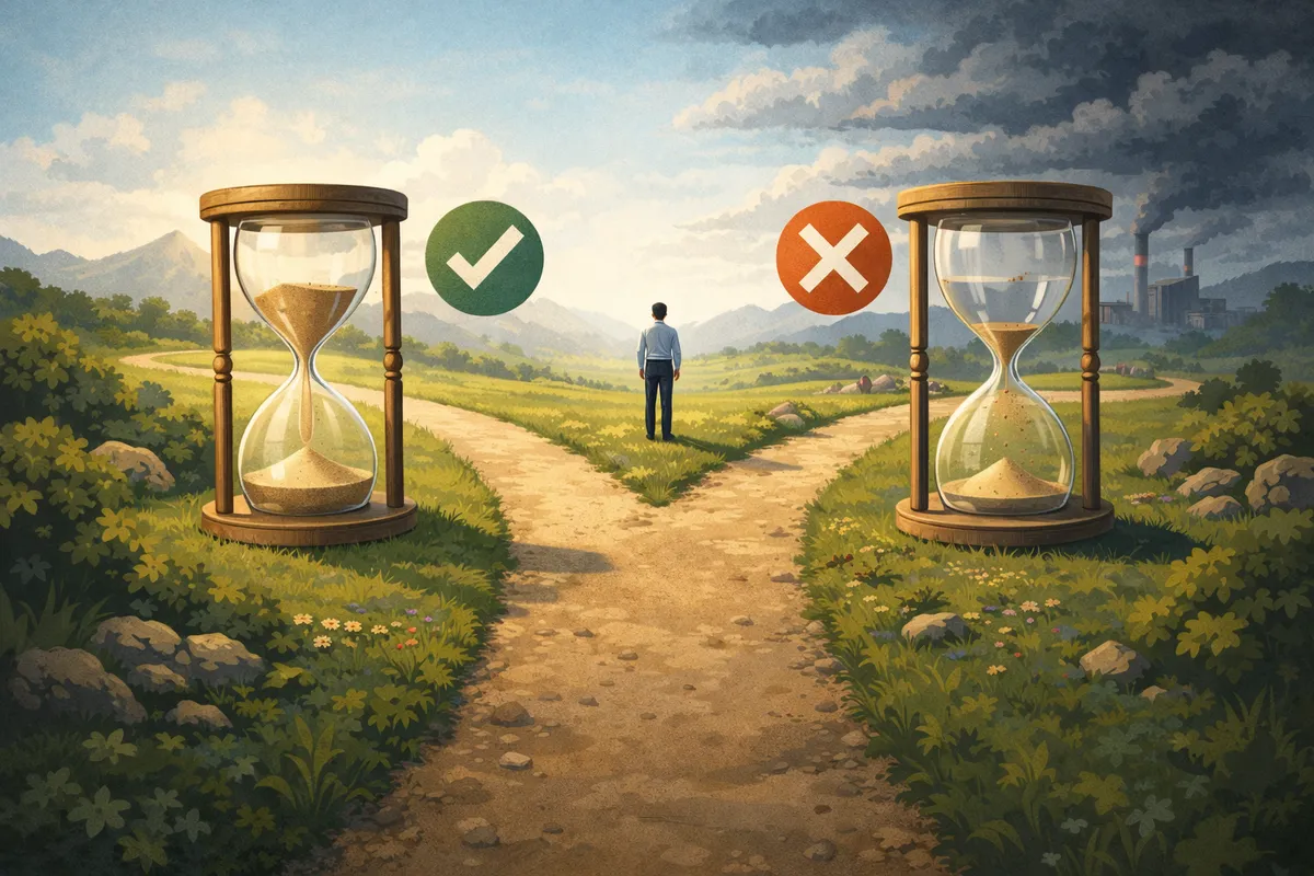 砂時計が手前に置かれ、奥へ続く一本道の先に人物が立つ構図で、更新可否の判断を奥行きで示すイラスト