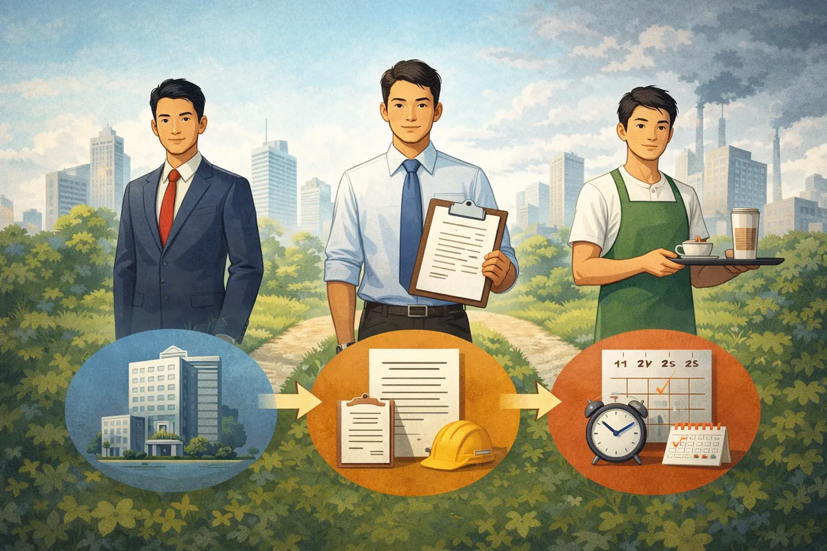 都市の背景に雇用形態の異なる人物が並び、手前に象徴物が置かれたイラスト