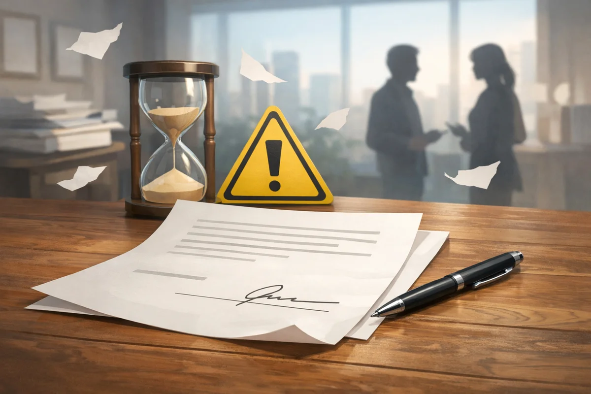 署名欄のある契約書とペン、砂時計が手前、奥に警告標識と人物影のオフィスがぼんやり見える