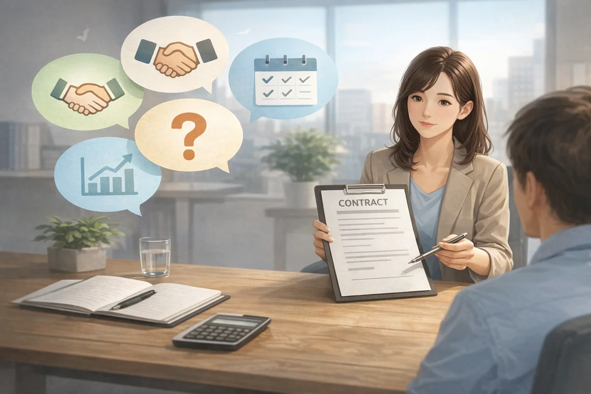 机の手前で契約書を持つ人物とペン、奥に相手の影が座り、空中に無地の吹き出しが漂う明るいオフィス