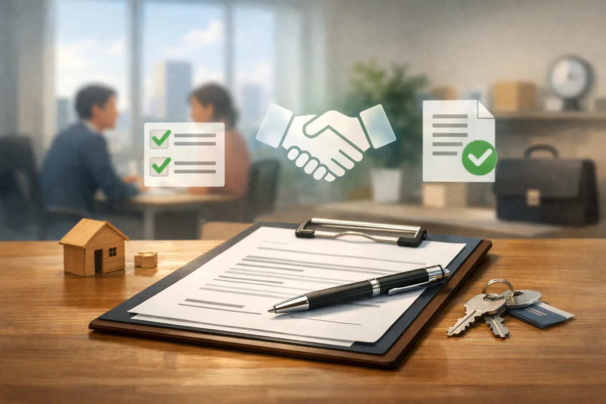 机上の契約書クリップボードとペンと鍵、奥に面談する二人がぼけ、窓外に街並みが続く