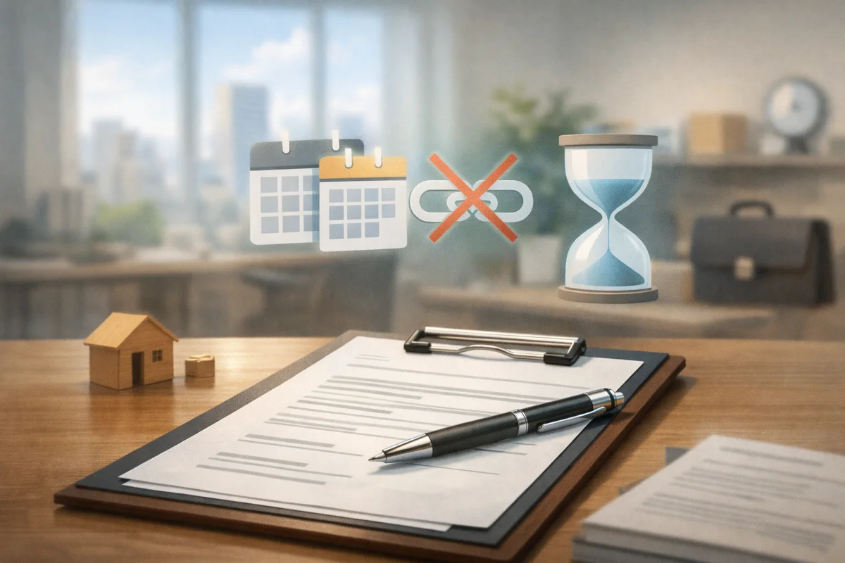 机上の雇用契約書とペンを手前に、奥へ抜けるオフィス空間の中に砂時計とカレンダーの象徴が浮かぶ