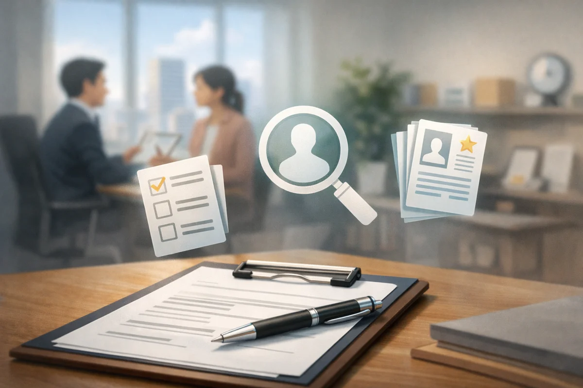 机上の応募書類とペンを手前に、奥で面接する二人がぼけ、空間に評価を示す記号が浮かぶ