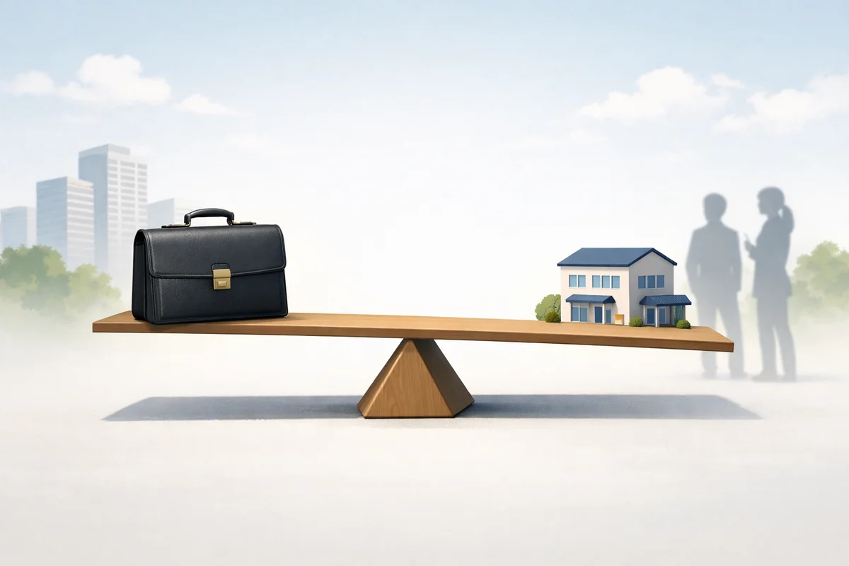 書類かばんと小さな社屋が一本の台の上で向かい合い、奥に人影が立つ遠近感のある静かな構図