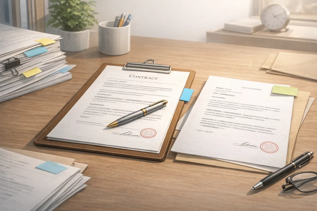 クリップボード上の書類と周囲の通知書類が机に整然と置かれ、確認箇所が奥へ広がる落ち着いた構図