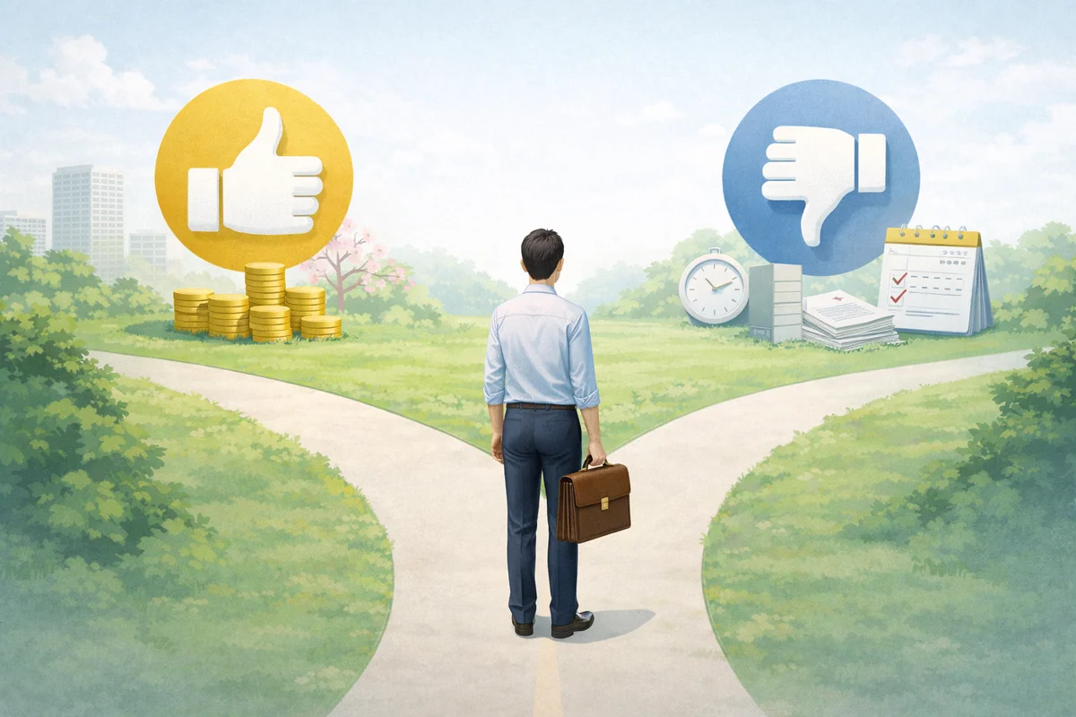 分かれ道の手前に立つ人物の先に、硬貨や書類の象徴物が奥行きを持って配置された静かな比較イメージ