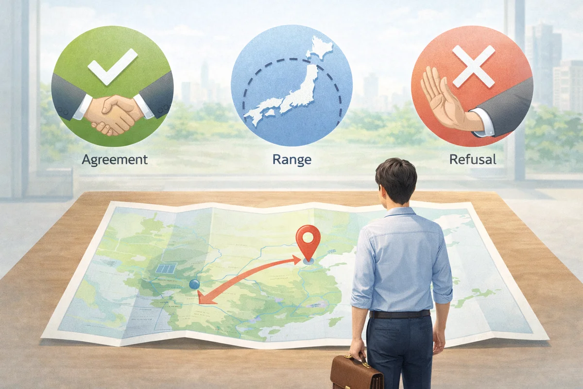 地図の載った机に向かう人物の先へ移動先を示す流れが伸び、奥に判断材料が静かに並ぶ構図