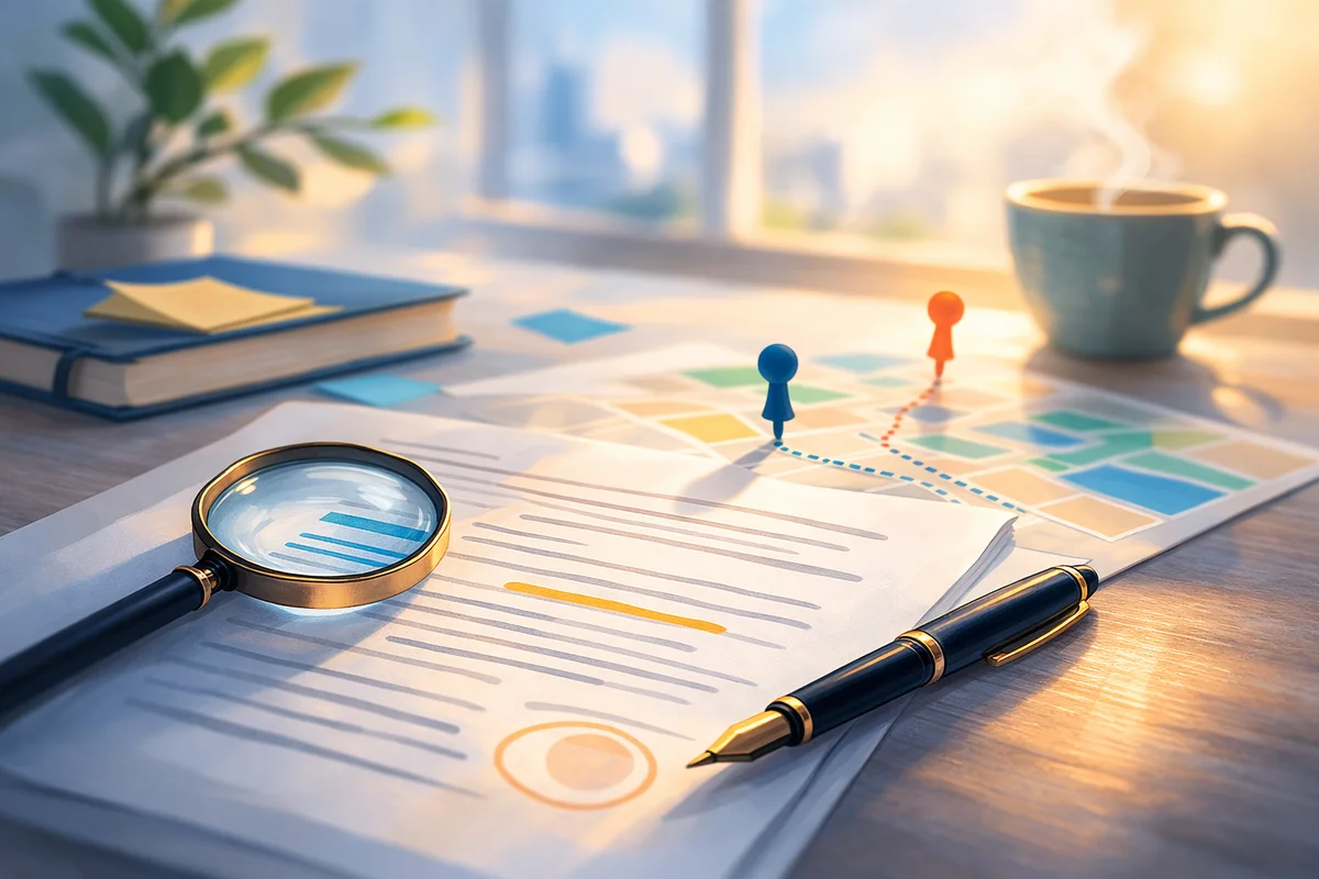 契約書を載せたクリップボードが手前に置かれ、奥に静かなオフィス空間が広がるイラスト