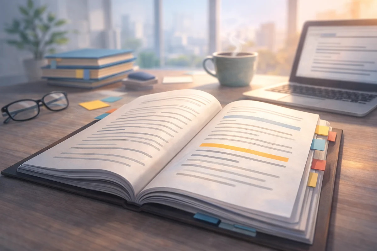 付箋の付いた就業規則の冊子が机上で開かれ、奥にノートPCと湯気の立つカップが並ぶイラスト