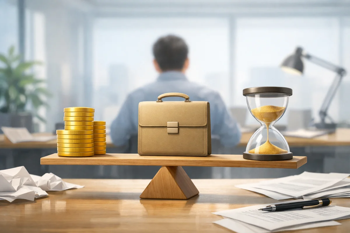 硬貨の束と書類かばん、砂時計が机上に並び、奥に人物がぼけて見えるオフィス風景