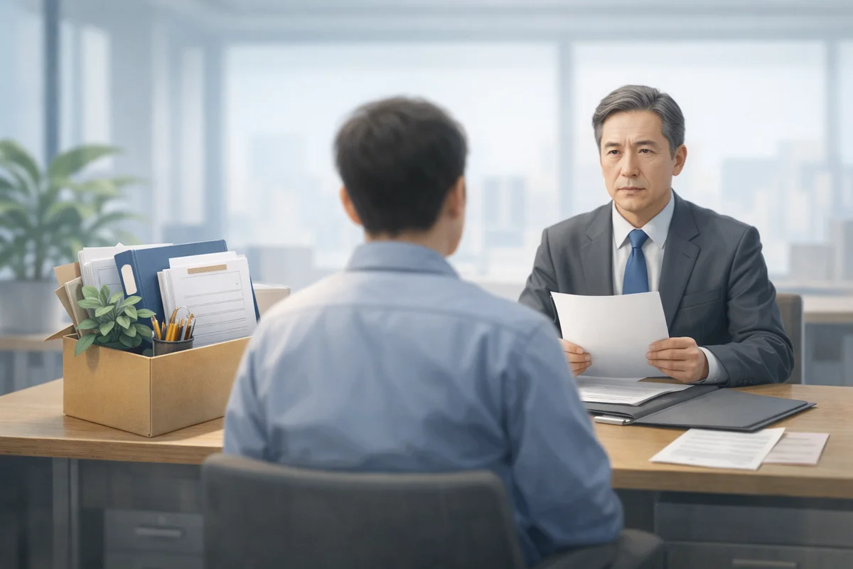 書類を持つ上司と向かい合う面談席の奥に、静かなオフィス空間が広がる雇用相談の場面