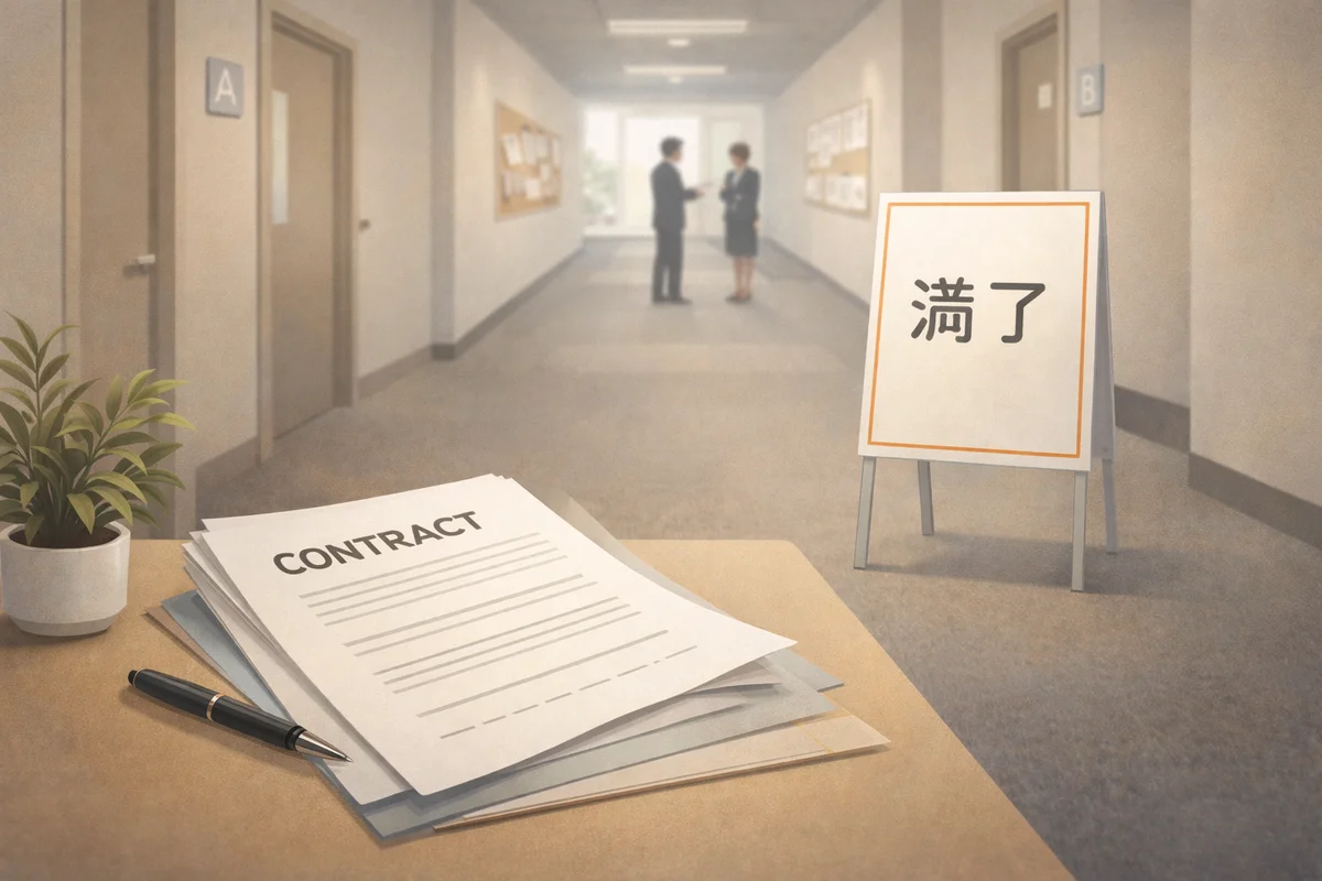 契約書類が置かれた手前の机から、部署の扉が並ぶ通路の奥へ視線が伸びる横長イラスト