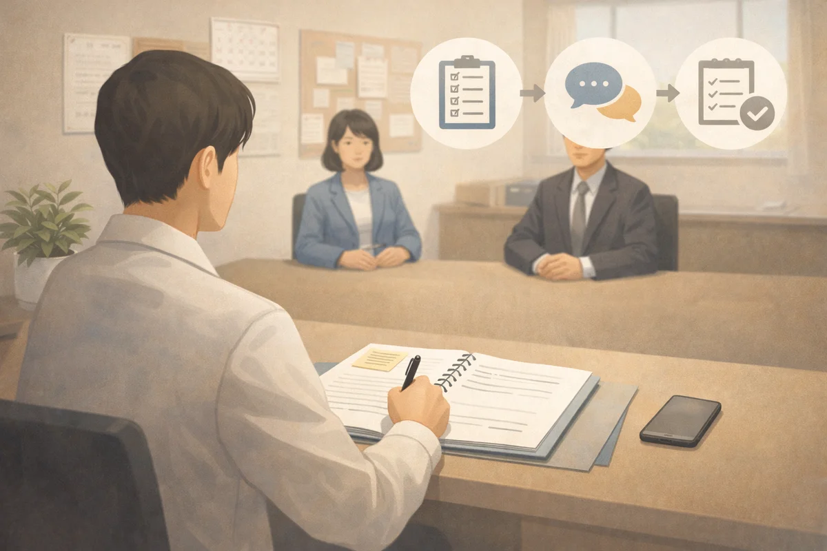 手前の記録用ノートと整えられた書類の先に静かな執務空間が広がり、確認の流れを感じる横長イラスト