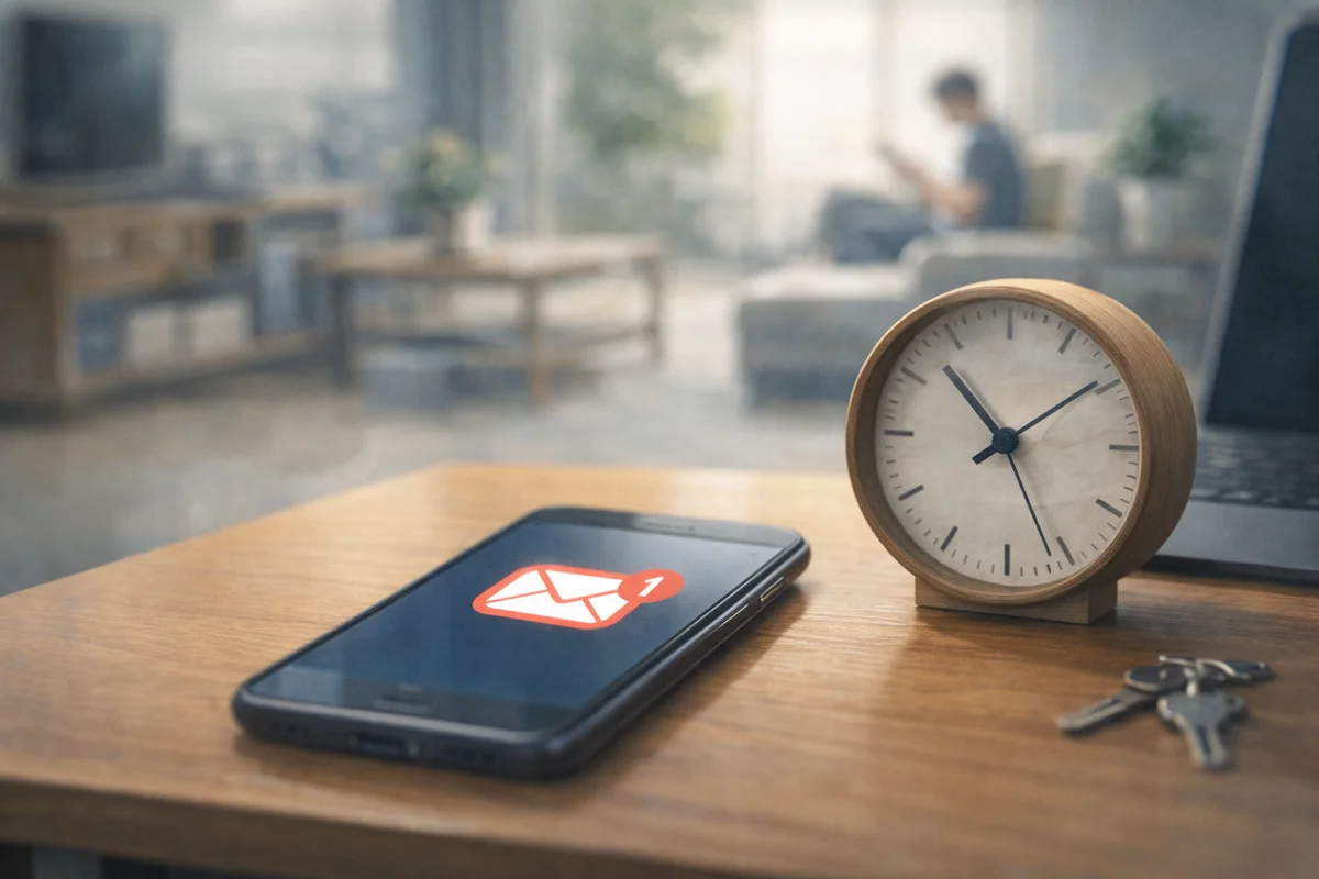 机上のスマートフォンを主役に、奥の生活空間へ緩やかに視線が抜ける待機の時間を描いたイラスト