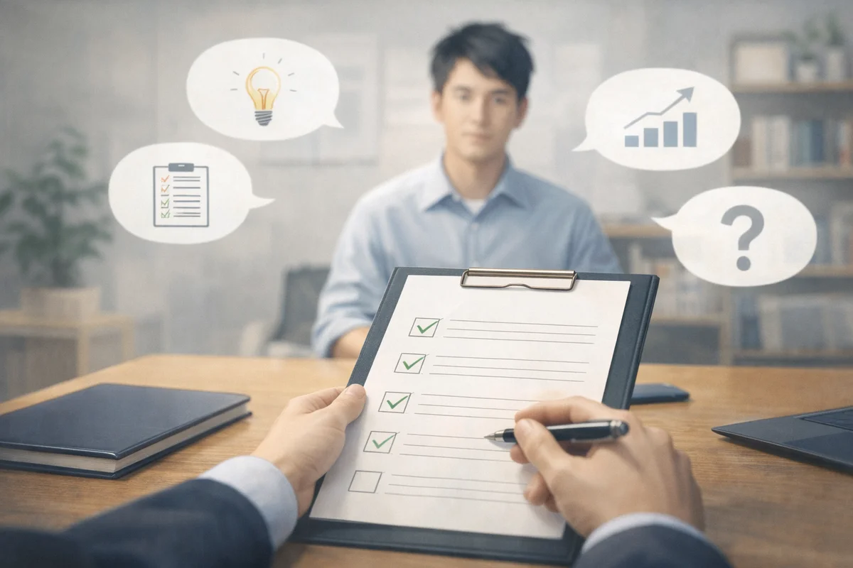 整えられた面談机上の書類を主役に、奥へ広がる静かな室内で準備の空気が漂うイラスト