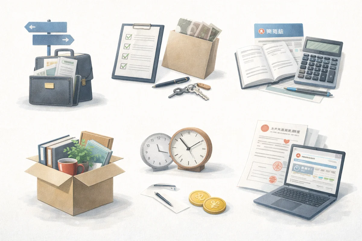 退職前の持ち物や書類を点在させ、余白のある空間全体で準備の流れを静かに描いたイラスト
