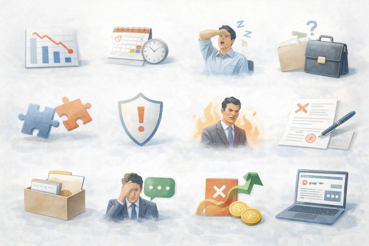 淡い余白の中に不安を示す仕事道具や象徴物が点在し、見えにくいリスクを静かに表したイラスト